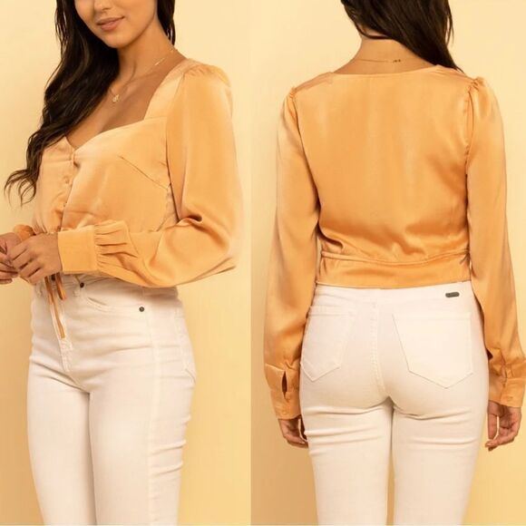Le Lis Peach Orange Satin Sweetheart Cropped Long Sleeve Blouse Sz S - Picture 2 of 10
